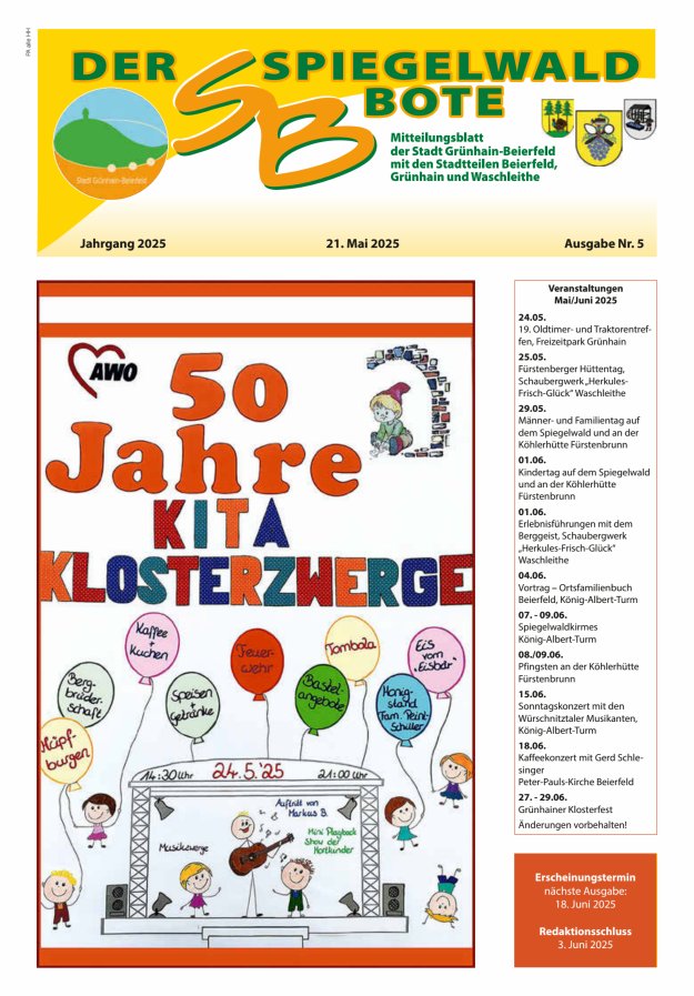Der Spiegelwaldbote - Amts- und Mitteilungsblatt der Gemeinde Grünhain-Beierfeld  Titelblatt 05/2025