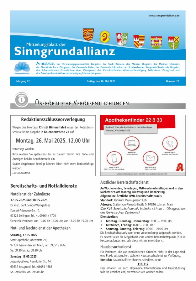 Mitteilungsblatt der Sinngrundallianz Titelblatt 20/2025