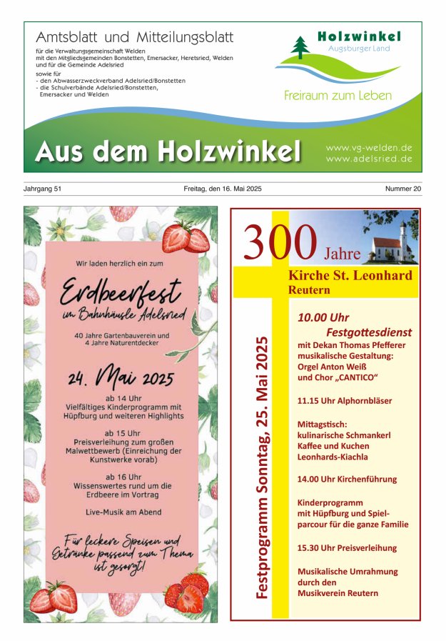 Aus dem Holzwinkel Amtsblatt u Mitteilungsblatt f VG Welden u GemAdelsried Titelblatt 20/2025