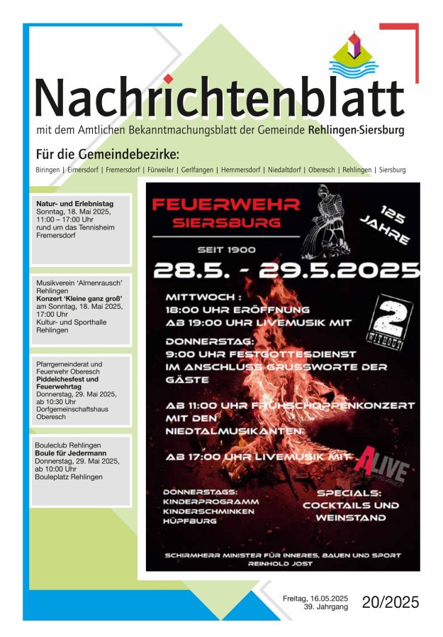 Nachrichtenblatt Rehlingen-Siersburg Titelblatt 20/2025