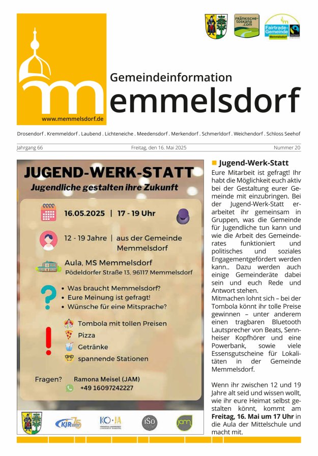 Mitteilungsblatt der Gemeinde Memmelsdorf Titelblatt 20/2025