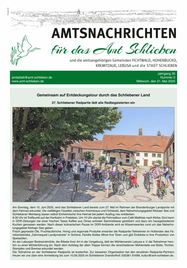 Amtsnachrichten – Amtsblatt für das Amt Schlieben und die amtsangehörigen Gemeinden Titelblatt 05/2025