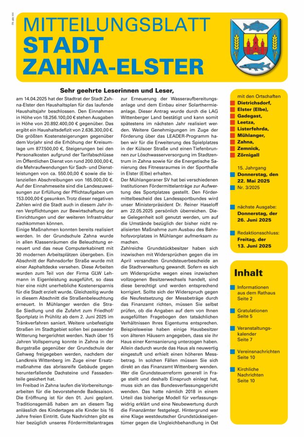 Mitteilungsblatt Stadt Zahna-Elster mit den Ortschaften Titelblatt 03/2025