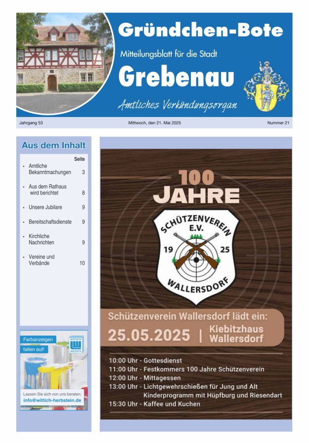 Grebenau - Gründchen Bote - Mitteilungsblatt für die Stadt Grebenau Titelblatt 21/2025