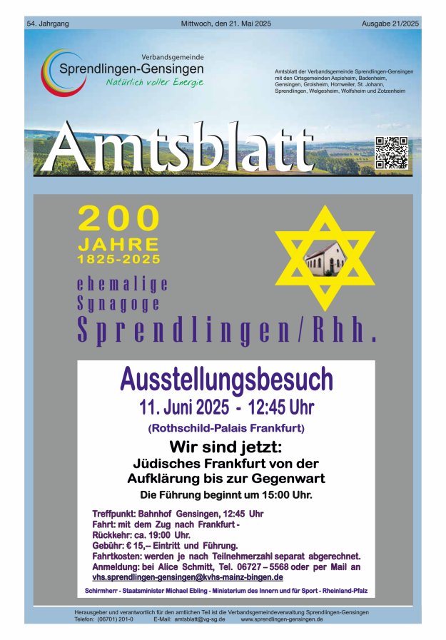 Amtsblatt VG Sprendlingen-Gensingen Titelblatt 21/2025