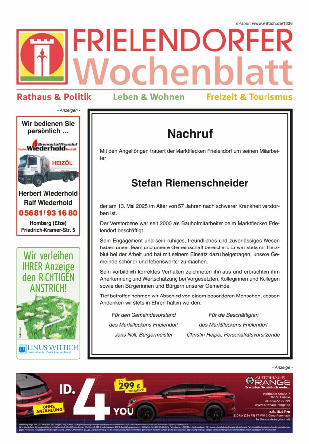 Frielendorfer Wochenblatt Titelblatt 21/2025