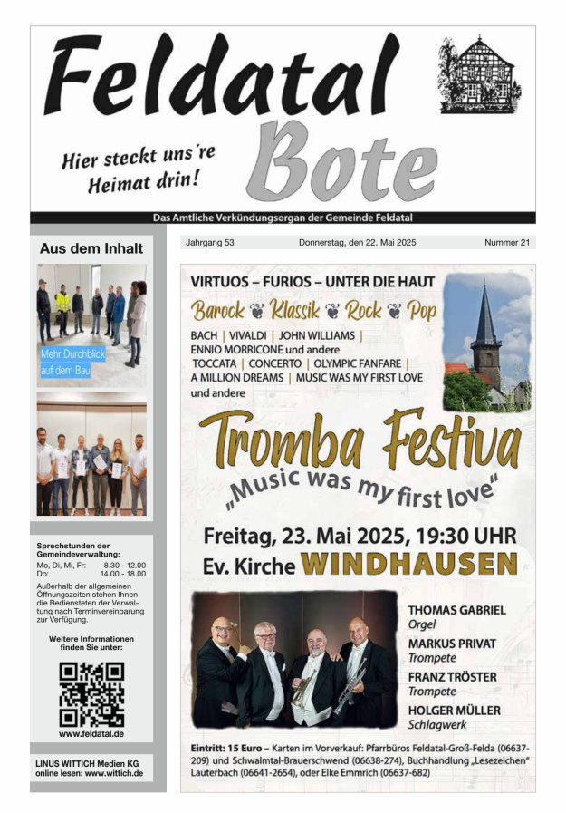 Das Amtliche Verkündungsorgan der Gemeinde Feldatal Titelblatt 21/2025