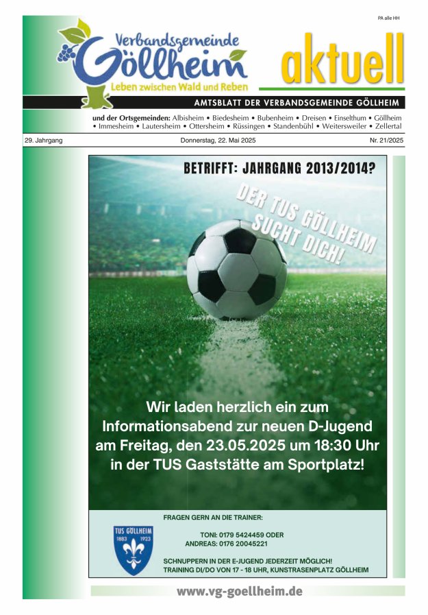 Verbandsgemeinde Göllheim aktuell Titelblatt 21/2025