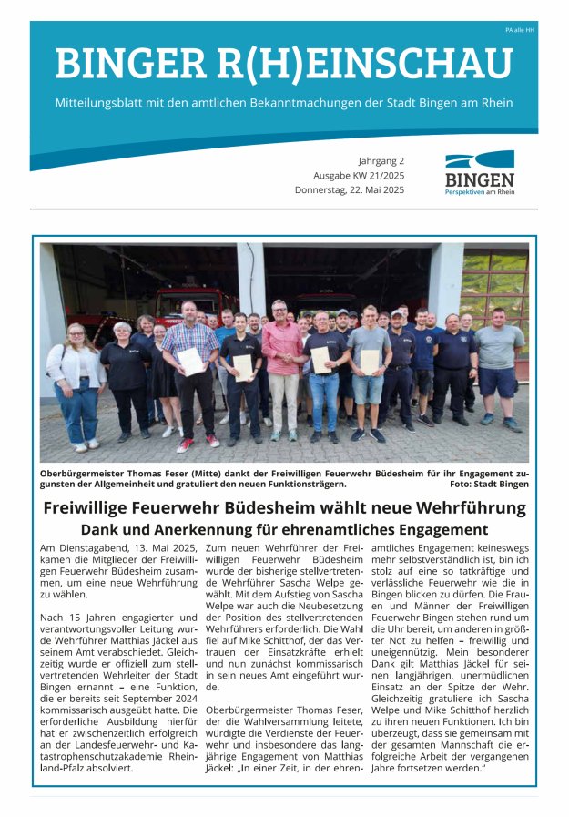 Binger R(h)einschau - Mitteilungsblatt mit den Amtlichen Bekanntmachungen der Stadt Bingen Titelblatt 21/2025