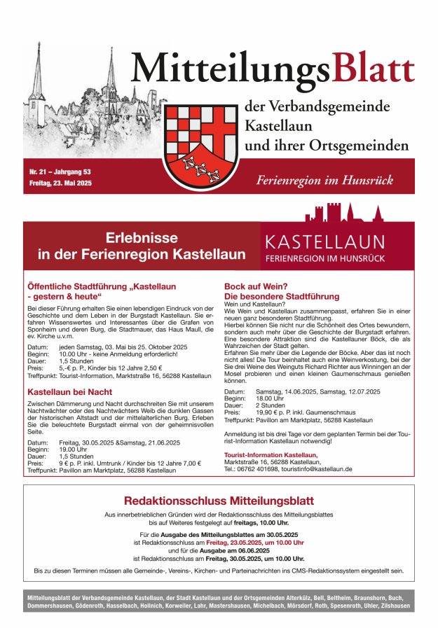 Mitteilungsblatt Kastellaun Titelblatt 21/2025