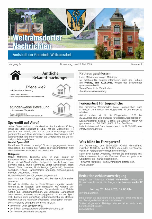 Weitramsdorfer Nachrichten Titelblatt 21/2025