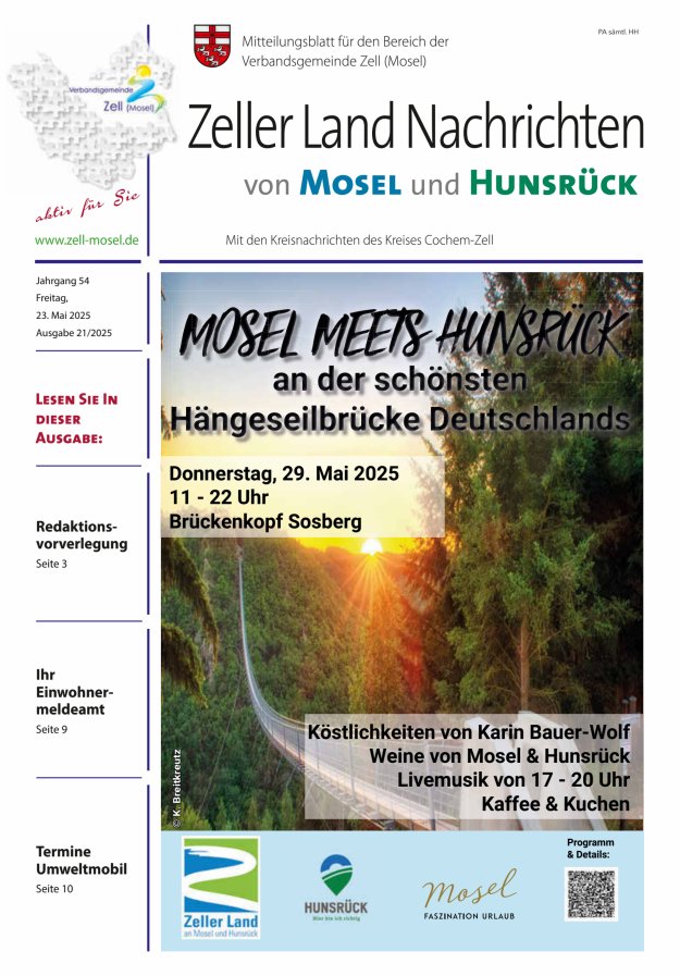Zeller Land Nachrichten Titelblatt 21/2025