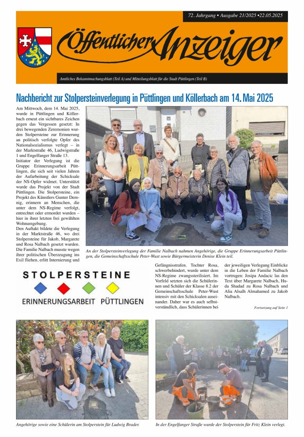 Öffentlicher Anzeiger - Stadt Püttlingen Titelblatt 21/2025