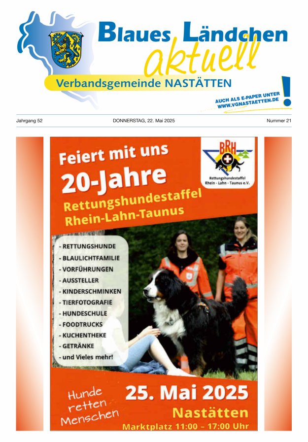 Blaues Ländchen aktuell - Heimat- u Bürgerzeitung VG Nastätten Titelblatt 21/2025