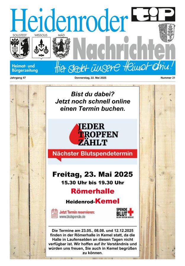 "tip" Heidenroder Nachrichten Titelblatt 21/2025
