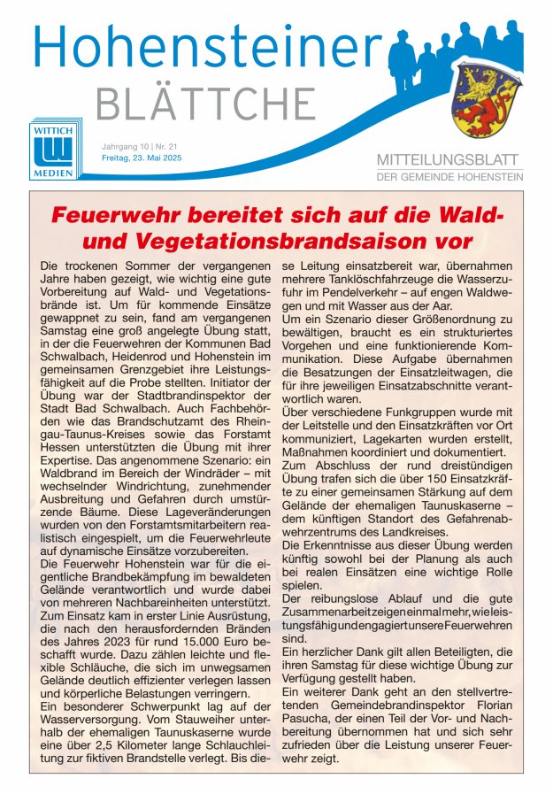 Hohensteiner Blättche Titelblatt 21/2025