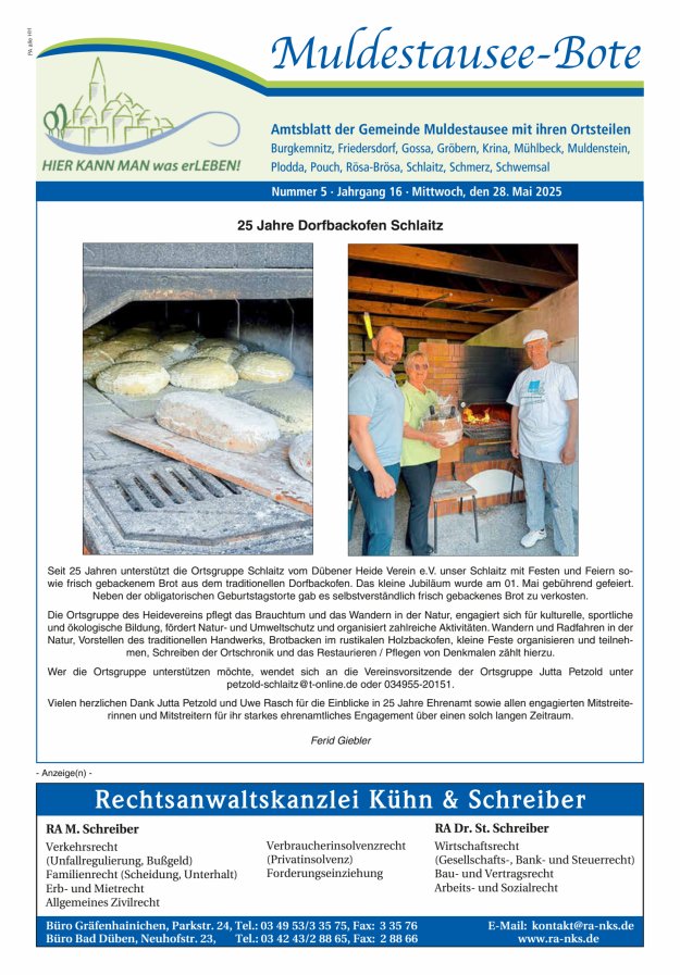 Muldestausee-Bote – Amtsblatt der Gemeinde Muldestausee mit ihren Ortsteilen Titelblatt 05/2025