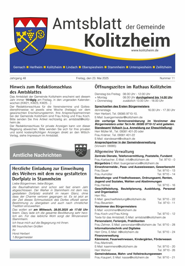 Amtsblatt der Gemeinde Kolitzheim Titelblatt 11/2025