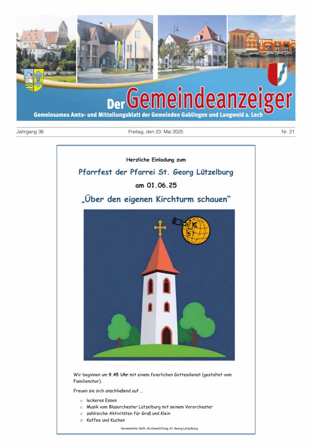 Der Gemeindeanzeiger - Gablingen Langweid Titelblatt 21/2025