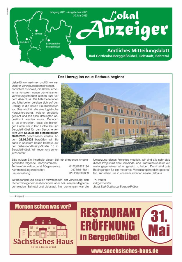 Lokal-Anzeiger - Amtliches Mitteilungsblatt Bad Gottleuba-Berggießhübel, Liebstadt, Bahretal Titelblatt 05/2025