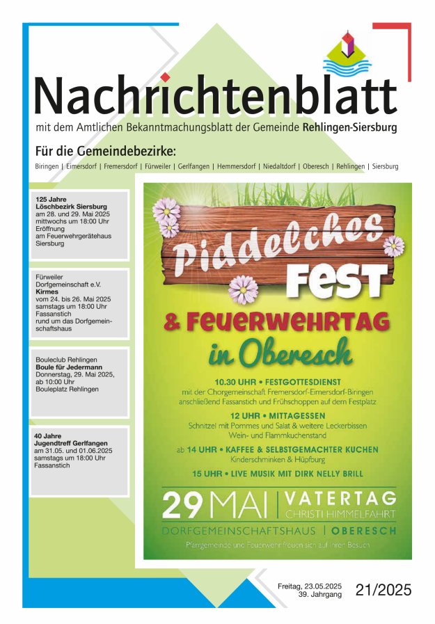 Nachrichtenblatt Rehlingen-Siersburg Titelblatt 21/2025