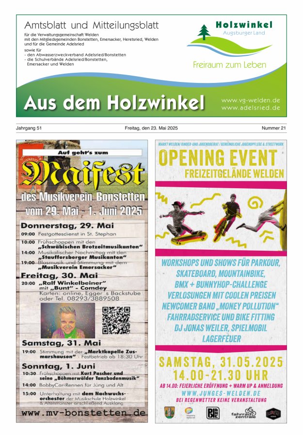 Aus dem Holzwinkel Amtsblatt u Mitteilungsblatt f VG Welden u GemAdelsried Titelblatt 21/2025