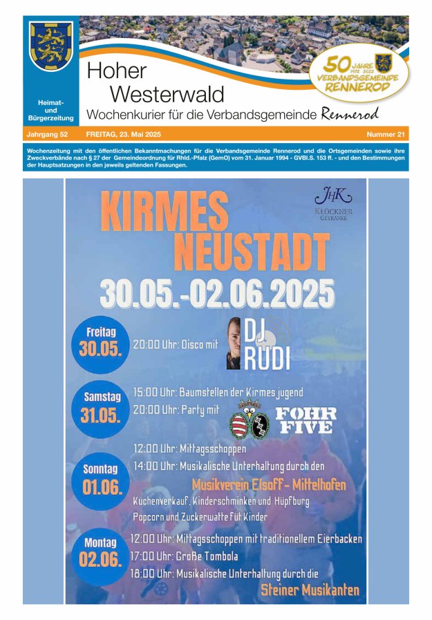 Hoher Westerwald - Wochenkurier für die Verbandsgemeinde Rennerod Titelblatt 21/2025