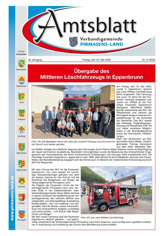 Amtsblatt VG Pirmasens-Land Titelblatt 21/2025