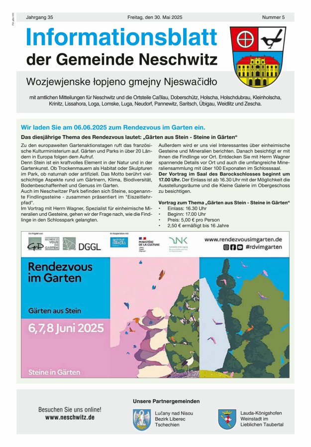 Informationsblatt der Gemeinde Neschwitz mit amtlichen Mitteilungen Titelblatt 05/2025