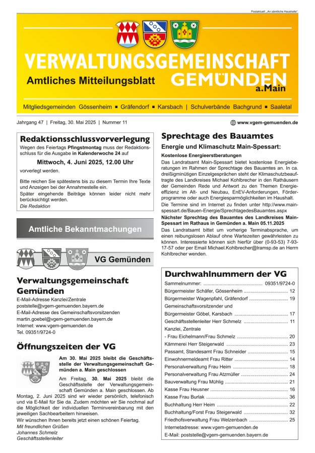 Mitteilungsblatt der VG Gemünden a Main Titelblatt 11/2025