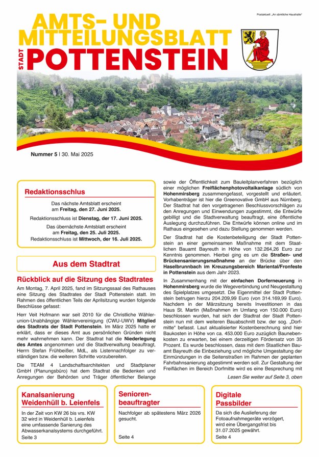 Amts- und Mitteilungsblatt der Stadt Pottenstein Titelblatt 05/2025