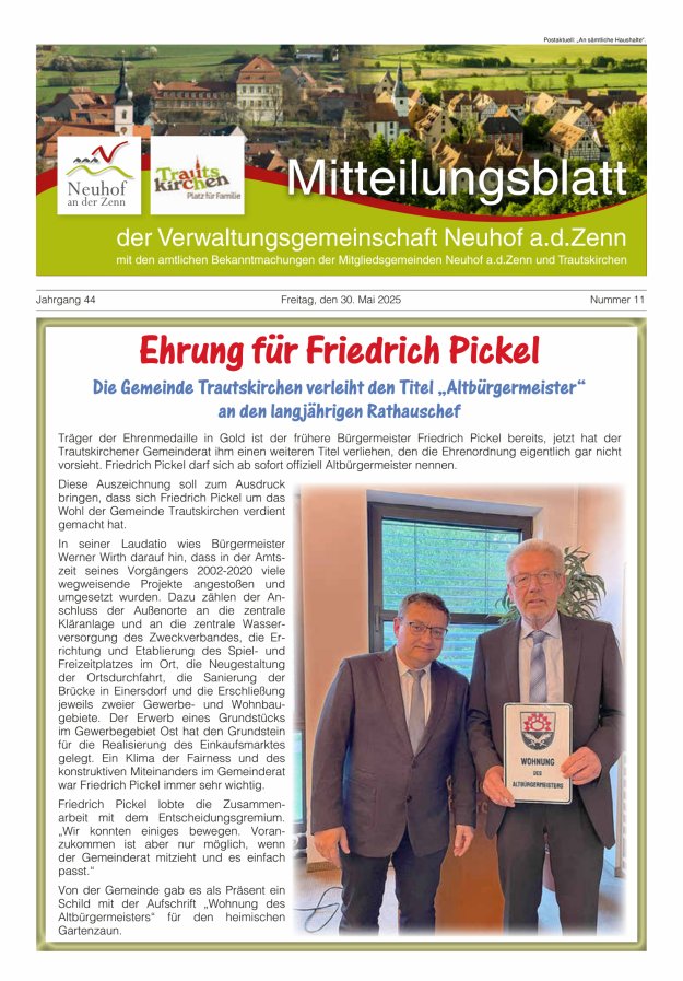 Mitteilungsblatt der Verwaltungsgemeinschaft Neuhof an der Zenn mit den amtlichen Bekanntmachungen der Mitgliedsgemeinden Neuhof an der Zenn und Trautskirchen Titelblatt 11/2025
