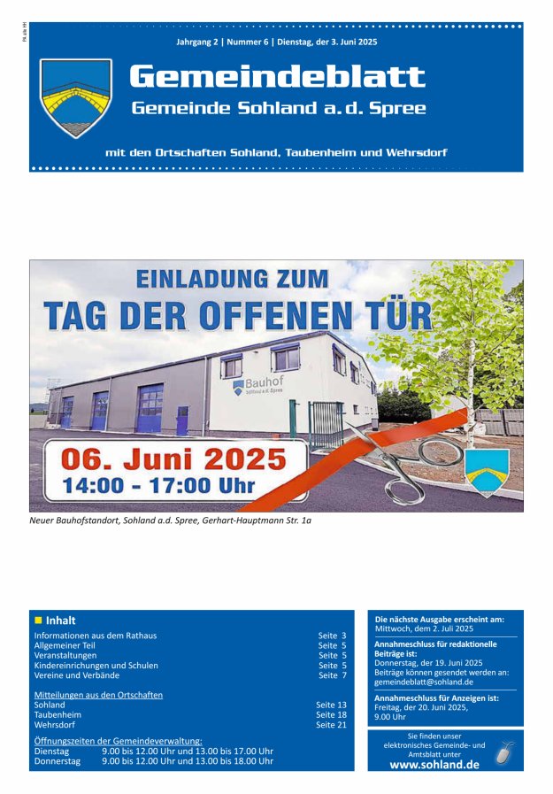 Amtsblatt der Gemeinde Sohland a. d. Spree mit den Ortschaften Sohland, Taubenheim und Wehrsdorf Titelblatt 06/2025