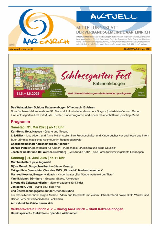 Mitteilungsblatt der Verbandsgemeinde Aar-Einrich Ausgabe Katzenelnbogen Titelblatt 22/2025
