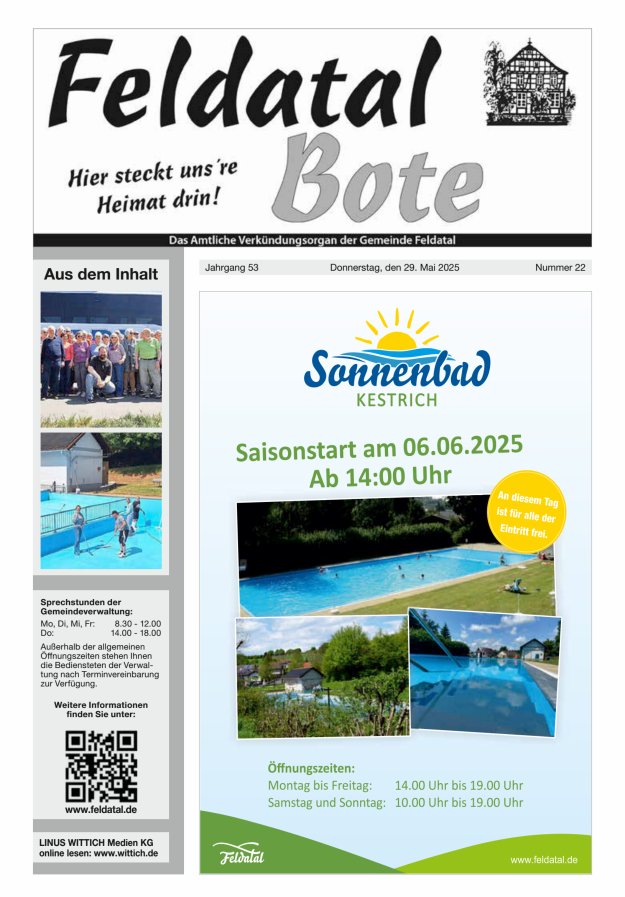 Das Amtliche Verkündungsorgan der Gemeinde Feldatal Titelblatt 22/2025