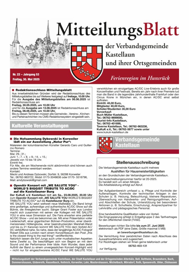Mitteilungsblatt Kastellaun Titelblatt 22/2025