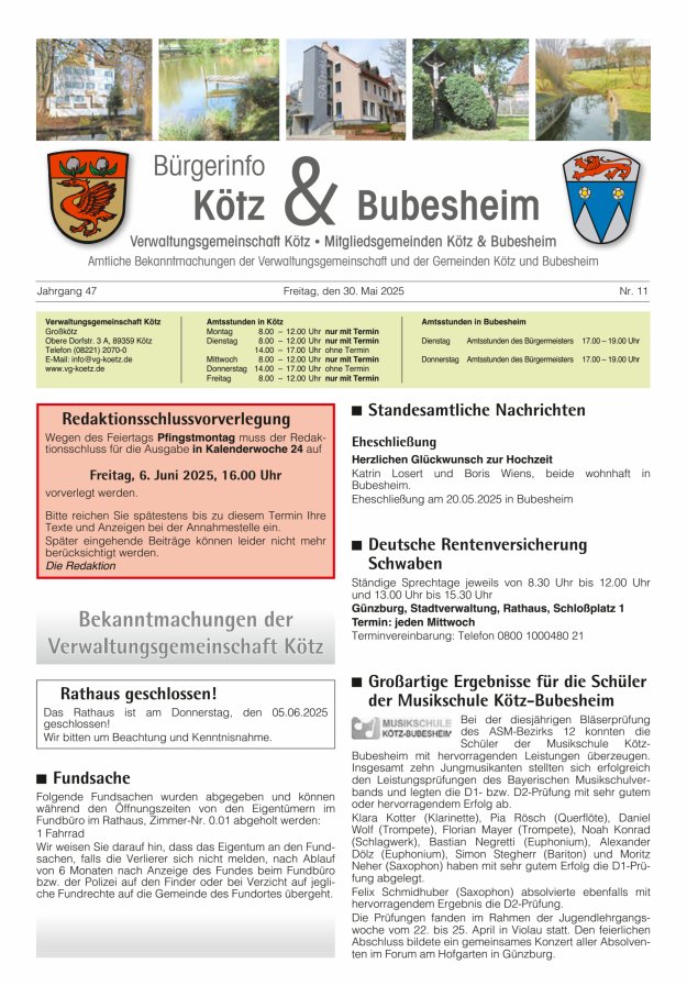 Amtsblatt der VG Kötz und der Mitgliedsgemeinden Titelblatt 11/2025