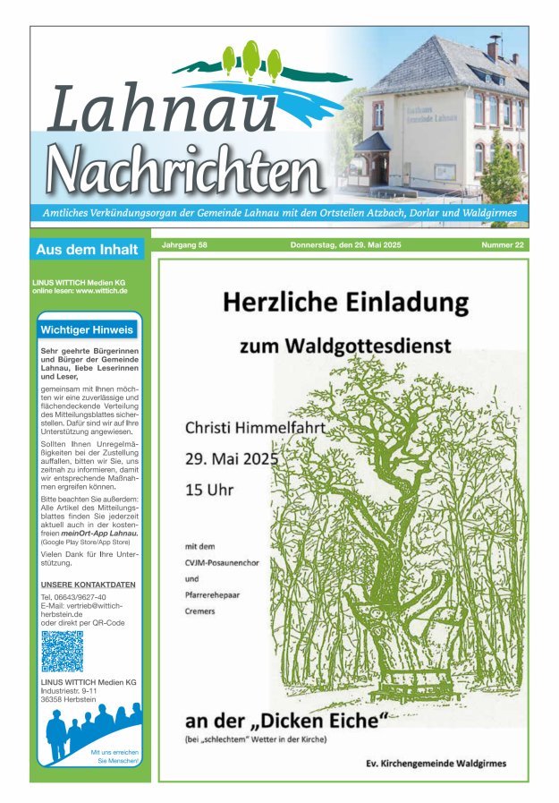 Lahnau Nachrichten Titelblatt 22/2025