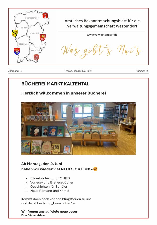 Was gibt's Nui's Amtliches Bekanntmachungsblatt für die VG Westendorf Titelblatt 11/2025