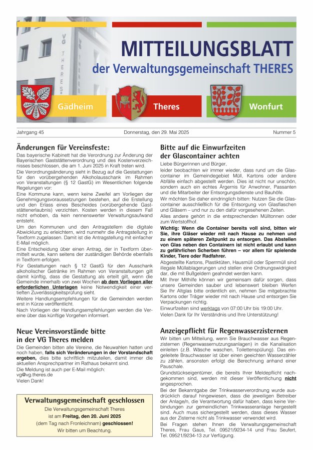 Mitteilungsblatt der Verwaltungsgemeinschaft Theres Titelblatt 05/2025
