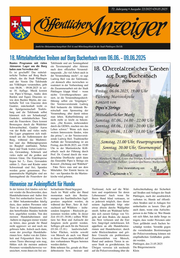 Öffentlicher Anzeiger - Stadt Püttlingen Titelblatt 22/2025