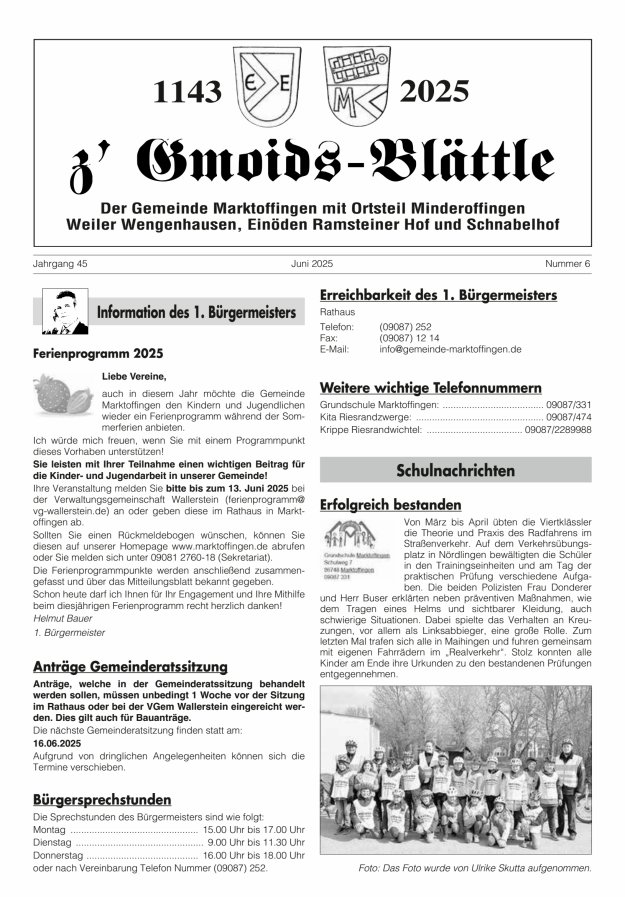 z'Gmoids-Blättle der Gemeinde Marktoffingen mit Ortsteilen Titelblatt 06/2025