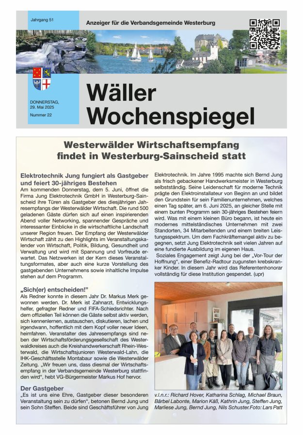 Wäller Wochenspiegel - Anzeiger für die Verbandsgemeinde Westerburg Titelblatt 22/2025
