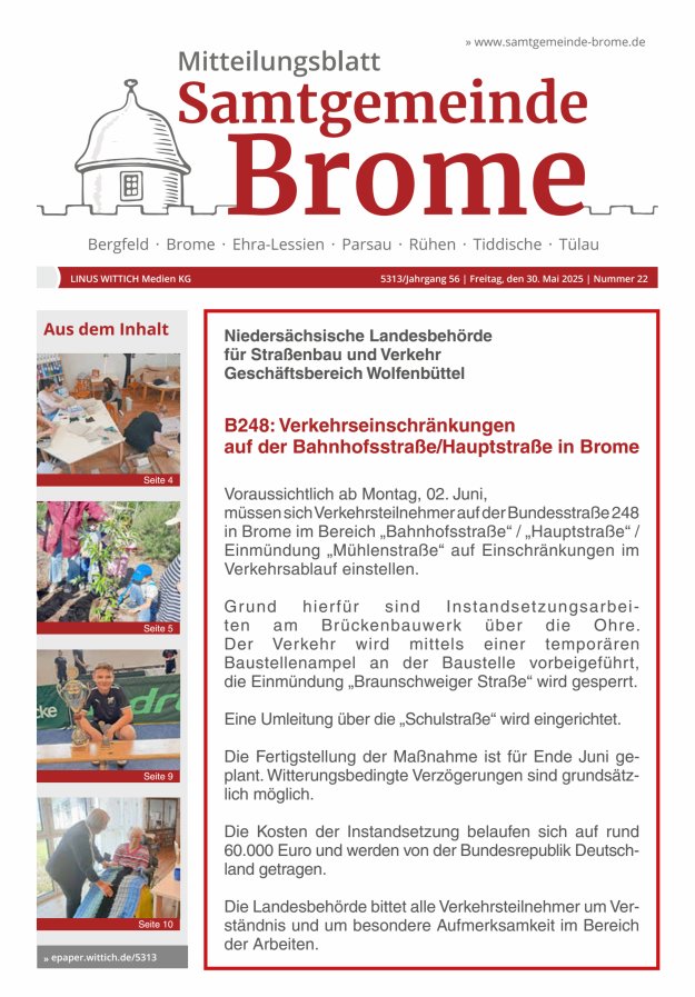 Mitteilungsblatt der Samtgemeinde Brome Titelblatt 22/2025