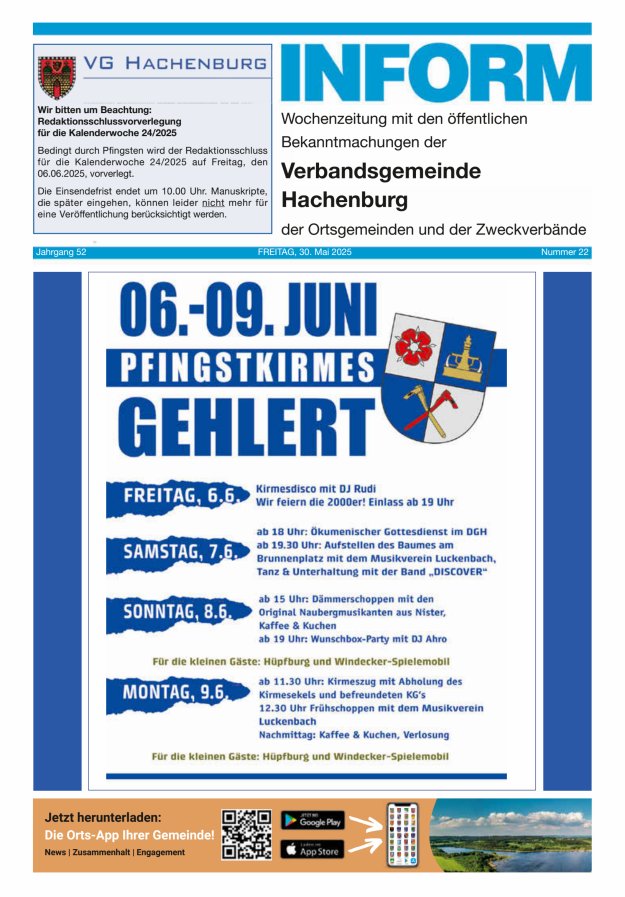 INFORM - Wochenzeitung der Verbandsgemeinde Hachenburg Titelblatt 22/2025