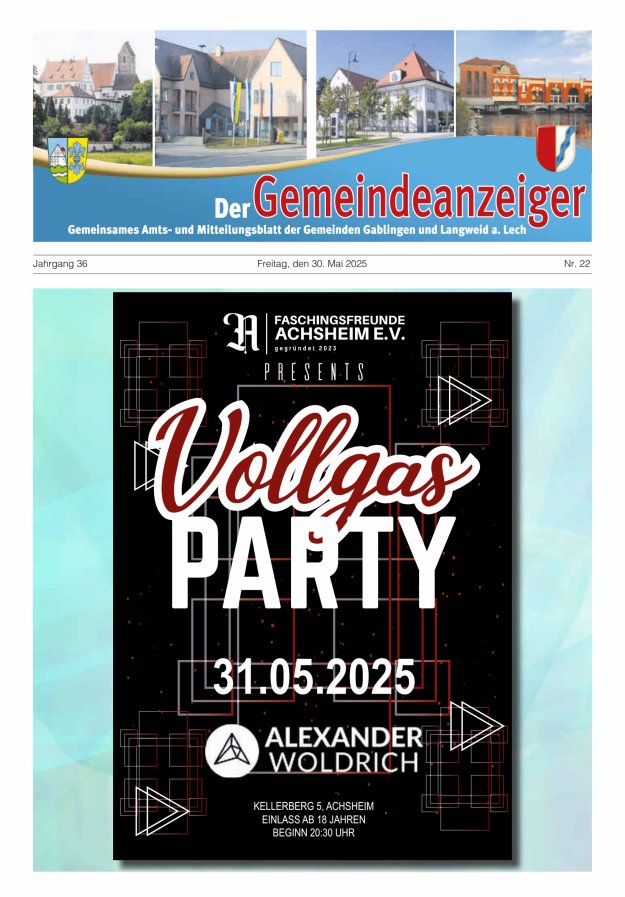 Der Gemeindeanzeiger - Gablingen Langweid Titelblatt 22/2025