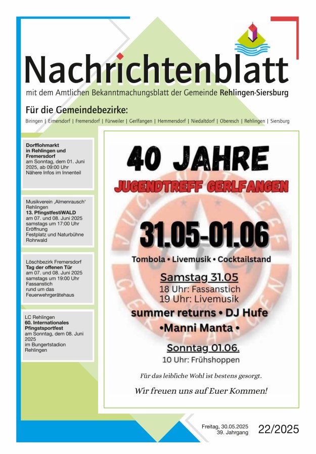 Nachrichtenblatt Rehlingen-Siersburg Titelblatt 22/2025