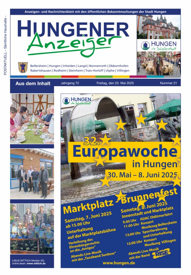 Anzeigen- und Nachrichtenblatt mit den öff  Bekanntmachungen der Stadt Hungen Titelblatt 21/2025