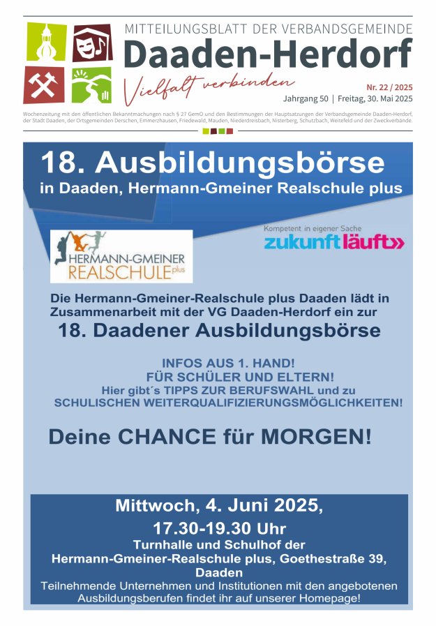Mitteilungsblatt der Verbandsgemeinde Daaden-Herdorf Titelblatt 22/2025