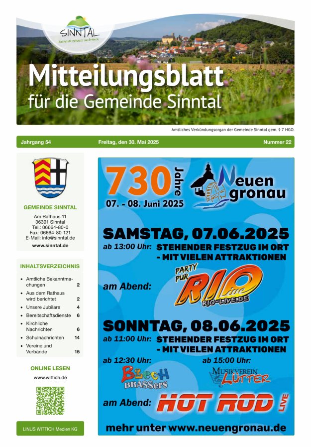 Mitteilungsblatt für die Gemeinde Sinntal Titelblatt 22/2025